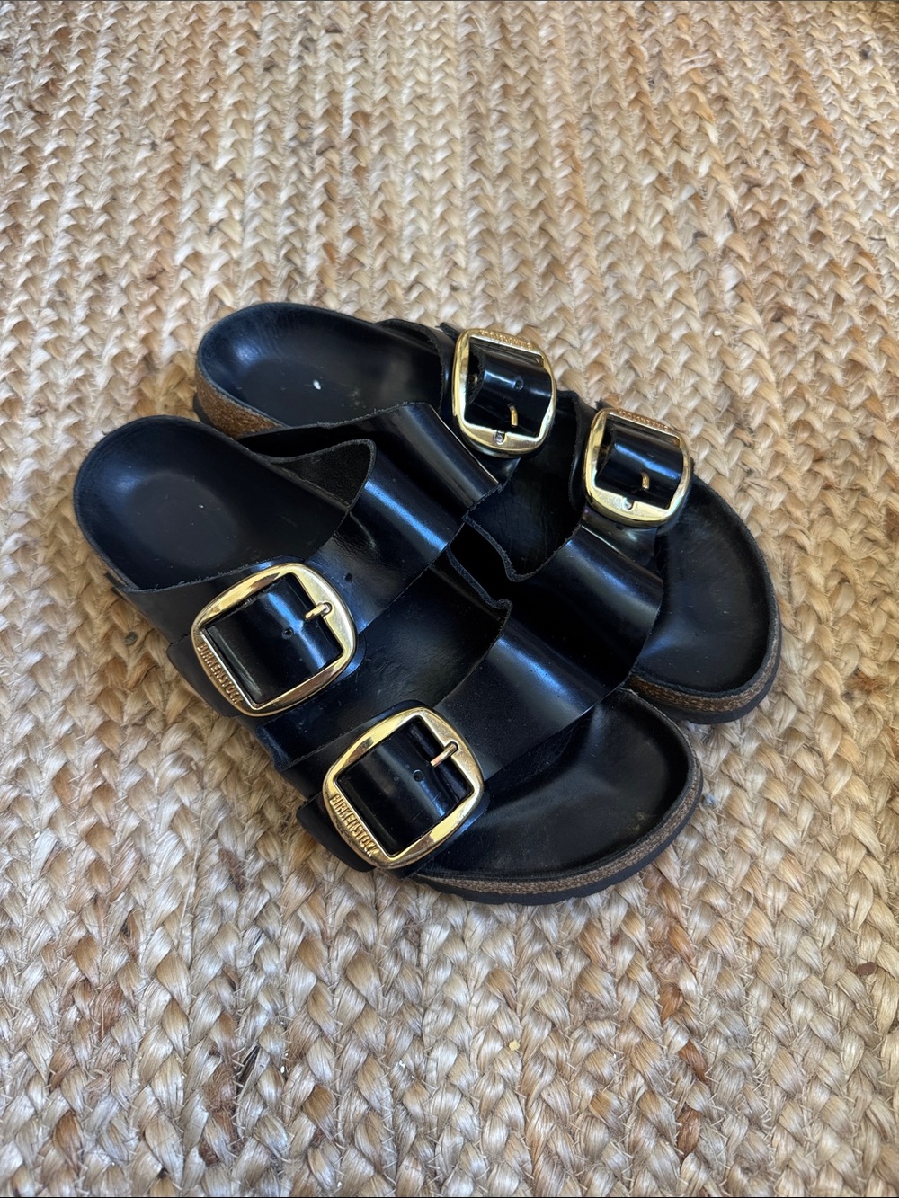 Birkenstock 39 Black Big Buckle Gold Arizona Slide Sandals